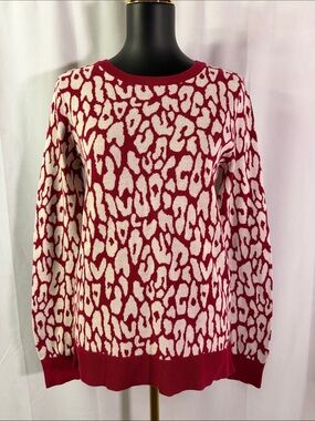 LOFT Raspberry & White Animal Print Long Sleeve Crewneck Sweater